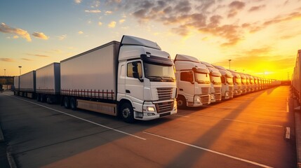 Trucks parked in a logistics yard at sunset, ready for early morning deliveries