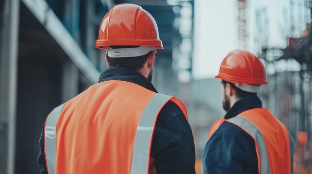 Workers wearing safety helmets and vests, with a focus on the proper use of safety gear on site