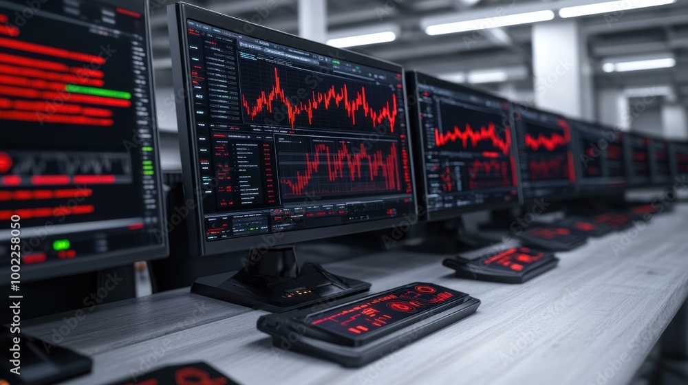 Poster a row of computer monitors displaying stock market data, ai