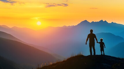 Obraz premium Silhouette of a father and son holding hands on top of a mountain at sunset, with mountains in the background