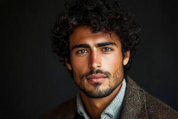 Obraz premium Close-up Portrait of a Man with Curly Hair and a Goatee