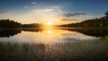 Fototapeta premium Panorama of beautiful sunrise over lake 