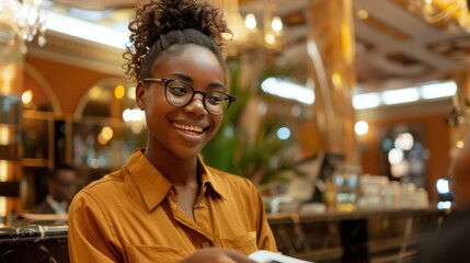 Fototapeta premium Friendly Hotel Receptionist Handing Key to Guest