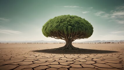 A lonely tall tree survive in the middle of a dry bare land during the drought season. Illustrating the tenacious of life and nature.