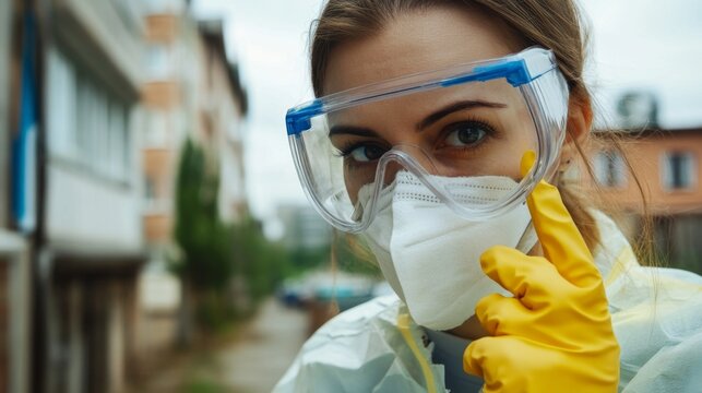 Woman wearing protective goggles and mask, holding her face with gloved hand