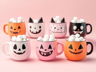 Obraz premium 2408 173.A playful collection of Halloween-themed mugs featuring smiling pumpkins, ghosts, and black cats. Each mug is filled with hot cocoa and marshmallows, with cute cartoon faces adding a fun and