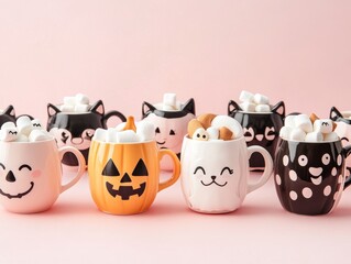 Obraz premium 2408 173.A playful collection of Halloween-themed mugs featuring smiling pumpkins, ghosts, and black cats. Each mug is filled with hot cocoa and marshmallows, with cute cartoon faces adding a fun and