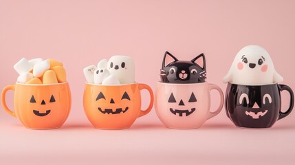 Obraz premium 2408 173.A playful collection of Halloween-themed mugs featuring smiling pumpkins, ghosts, and black cats. Each mug is filled with hot cocoa and marshmallows, with cute cartoon faces adding a fun and