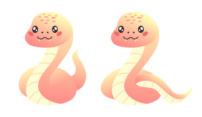 Set of cute cartoon pink snakes in flat style isolated on white. Snake kawaii character