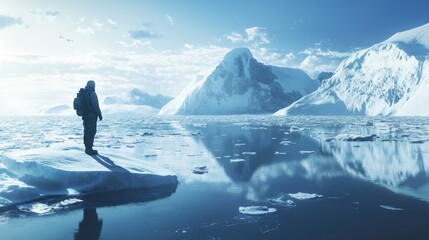 A serene landscape featuring a lone figure standing on ice, surrounded by majestic mountains and reflective water under a bright blue sky.