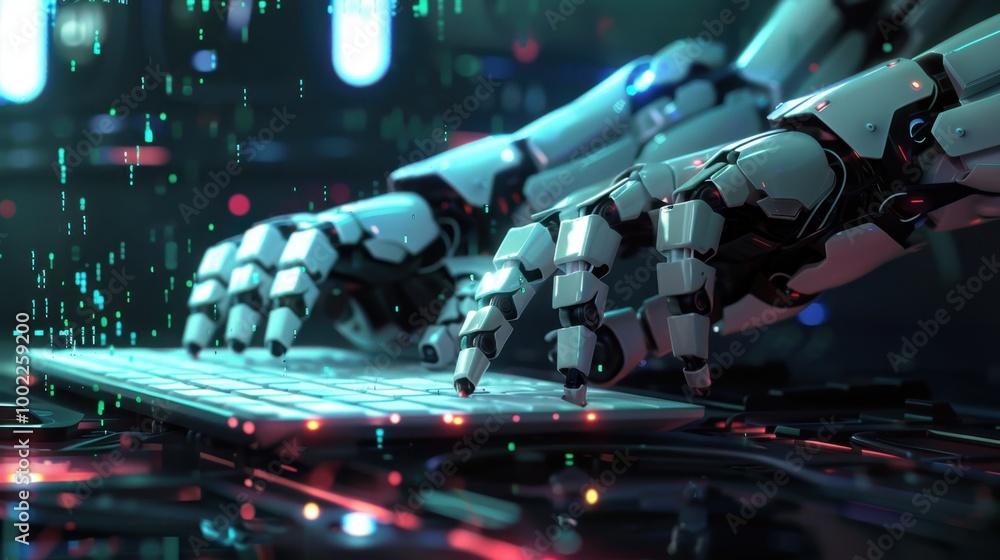 Poster robot hands typing on a keyboard in a digital space