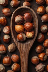 Obraz premium Hazelnuts arranged in a wooden scoop on a marble surface