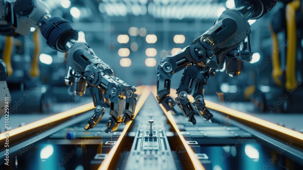 Poster robotic hands assembling parts in automated production