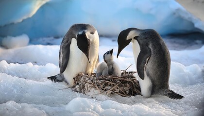 Obraz premium penguins nest with a chick walking around in the ice 