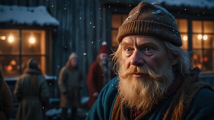 Obraz premium a man with a beard and hat is standing in front of a window with other men in the background.