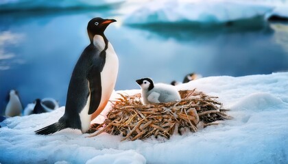 Fototapeta premium penguins nest with a chick walking around in the ice 
