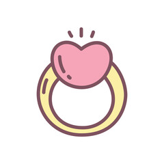 Cute ring icon. Hand drawn illustration of a engagement ring with a heart-shaped gem isolated on a white background. Kawaii St. Valentine day sticker. Vector 10 EPS.