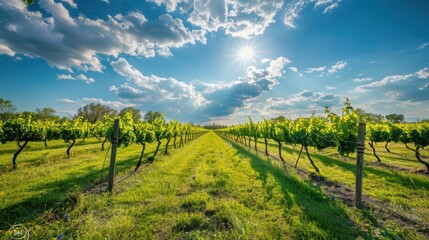 Naklejka premium Scenic Vineyard with Rows of Grape Vines Under Sunlight
