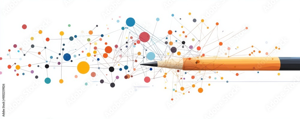 Poster pencil with colorful dots interconnected by lines representing creativity and innovation in art and 