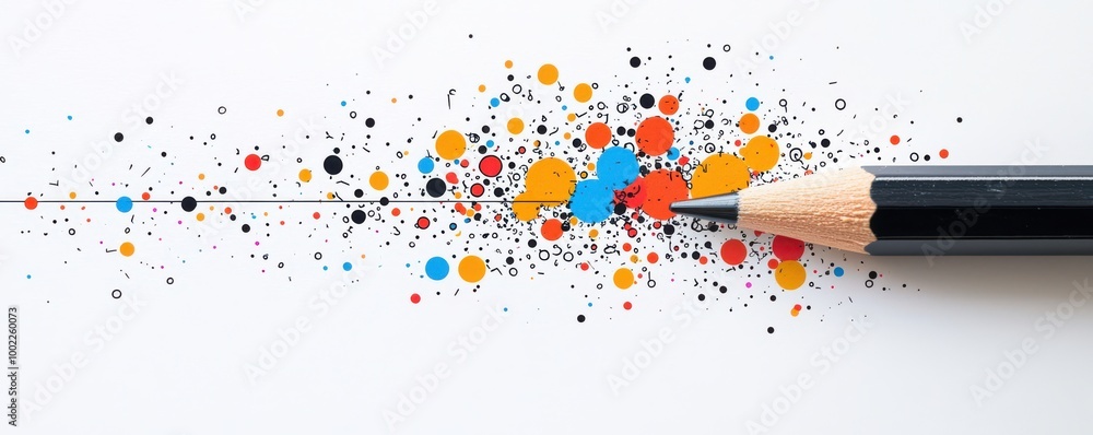 Poster creative concept of a pencil with colorful dots and lines creating a vibrant artistic design on whit