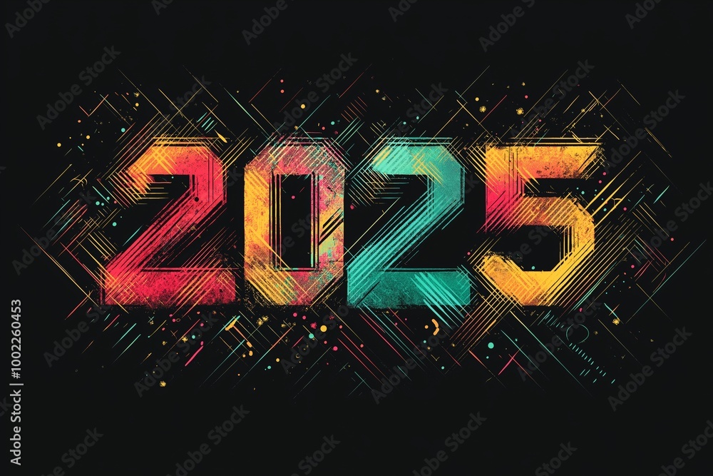 Poster 2025 is written in a colorful font. font is made up of different colors and has a unique design. 202