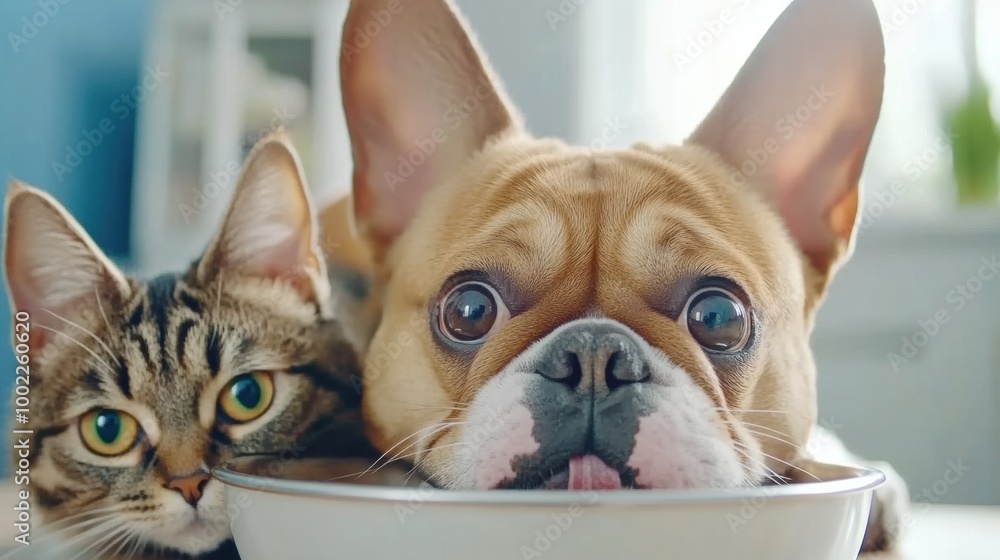 Wall mural A cat and dog sitting next to each other in a bowl, AI