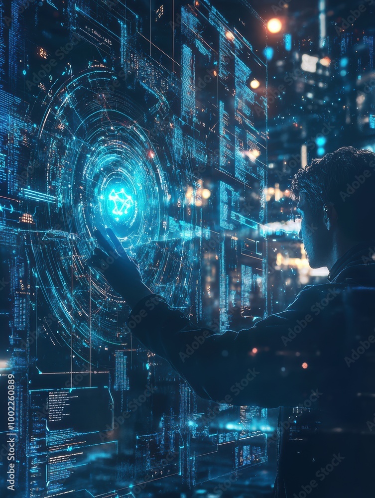Poster a professional engages with floating holographic data and neural network patterns in a futuristic ur