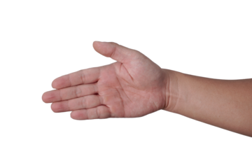 Male person offering hand shake, cut out isolated