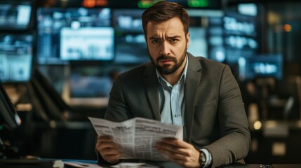 Fototapeta premium Man in Suit Reading a Newspaper with a Serious Expression