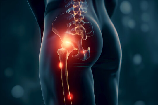 3D illustration of sciatic nerve inflammation in the hip joint. Sciatica pain depicted in the lower back and hip, highlighting nerve inflammation. Great for use in healthcare marketing