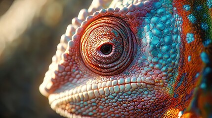 Fototapeta premium A sharp focus on a vibrant chameleon's face, set against an out-of-focus backdrop of oranges, blues, and greens