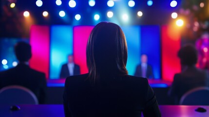 Naklejka premium A Woman Sitting In Front of a Stage With Blue and Red Backdrops