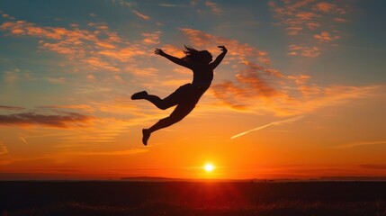 Person Jumping Silhouette Against Vibrant Sunset
