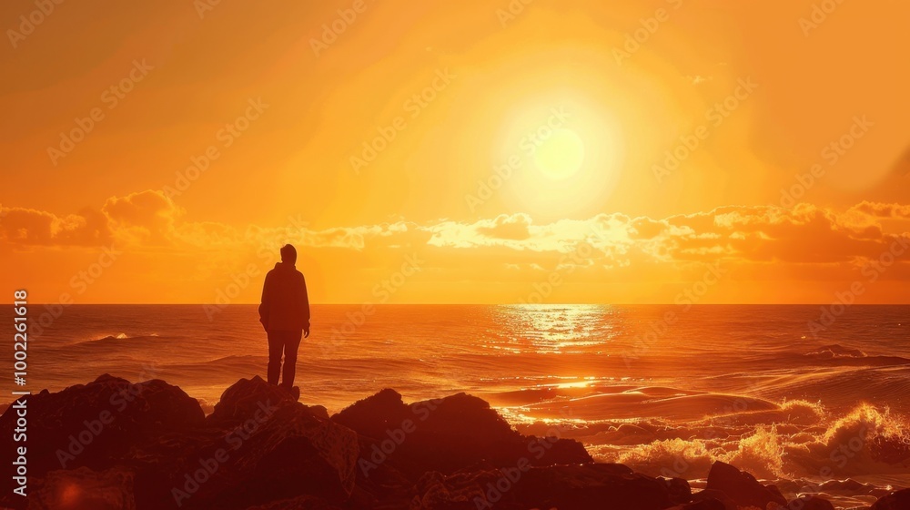 Sticker Person Silhouette on Rocky Beach at Sunset