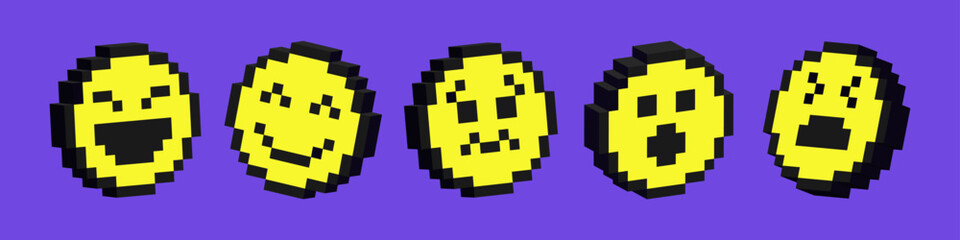 Set of 3d smile icons. Pack of pixelated emoji icons. Emoticons pixel art. 8-bit retro vector illustration.