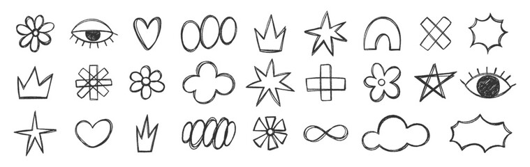 Set of hand drawn crayon or charcoal doodle shapes and squiggles. Grunge flowers, heart, eye and star. Comic vector illustration.