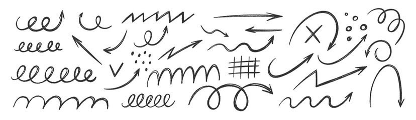Set of hand drawn crayon or charcoal arrows and squiggles. Grunge scribble and mark. Comic vector illustration.