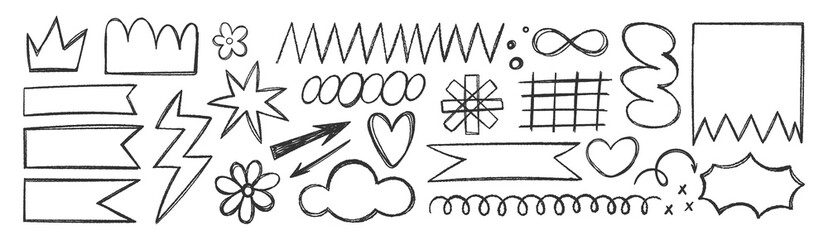 Set of hand drawn crayon or charcoal doodle shapes and squiggles. Grunge flowers, heart, lightning and star. Comic vector illustration.
