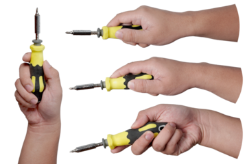 Set collection of male person hand holding screwdriver, cut out isolated on white