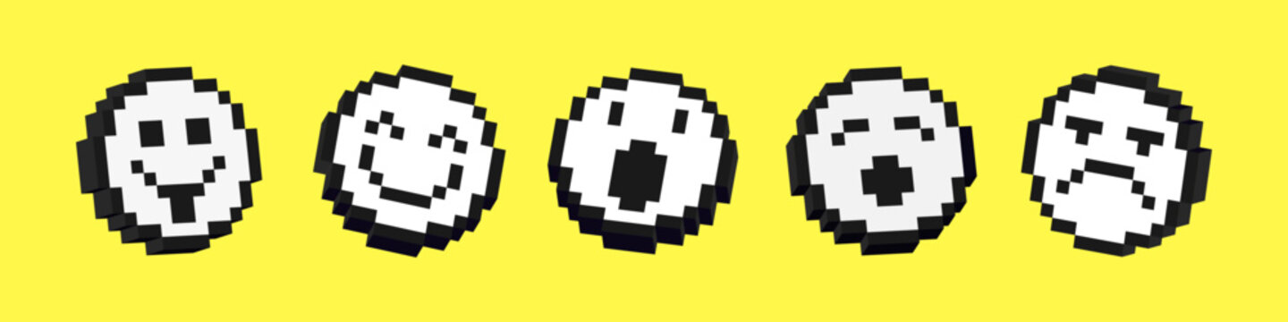 Set of 3d smile icons. Pack of pixelated emoji icons. Emoticons pixel art. 8-bit retro vector illustration.