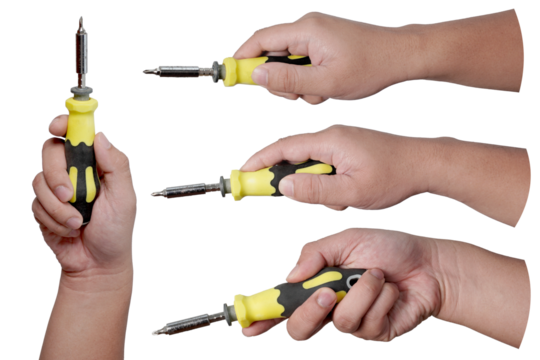 Set collection of male person hand holding screwdriver, cut out isolated on white