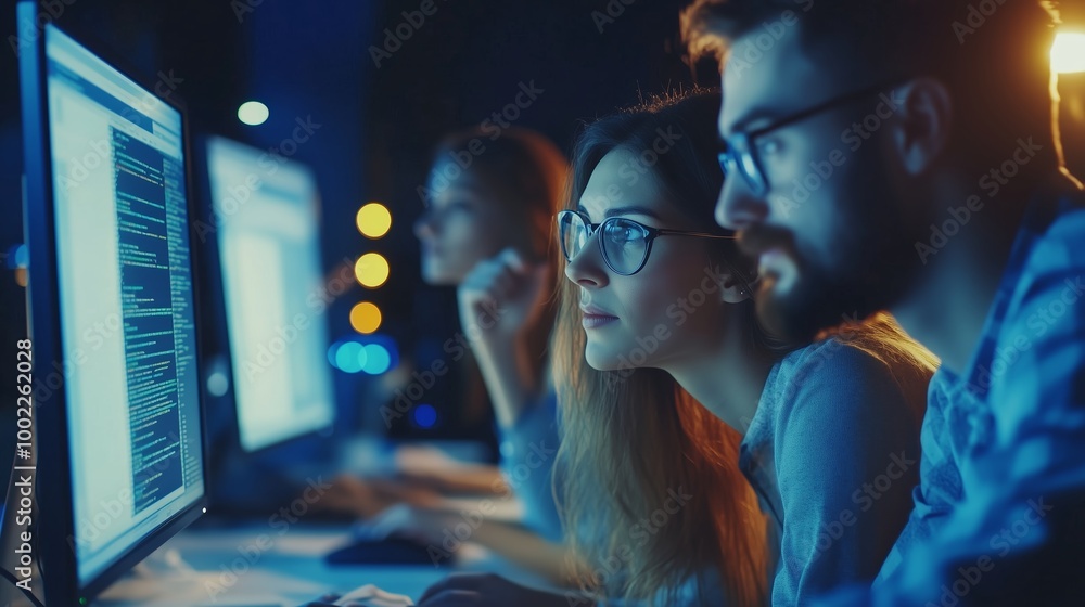 Poster team of developers working intently on coding projects in a dimly lit office at night
