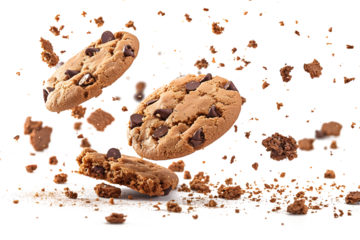 Delicious chocolate chip cookies falling in pieces, creating a mouth-watering scene of crumbs and chaos