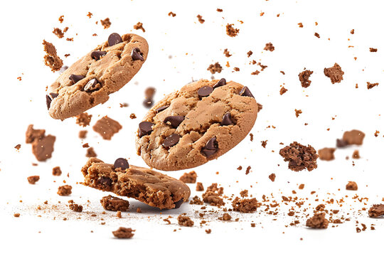Delicious chocolate chip cookies falling in pieces, creating a mouth-watering scene of crumbs and chaos