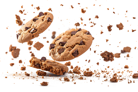Delicious chocolate chip cookies falling in pieces, creating a mouth-watering scene of crumbs and chaos