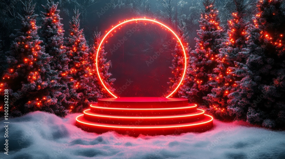 Poster vibrant red circular display with glowing lights against a festive background in a dim setting