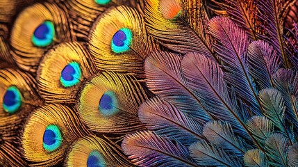   Close-up of peacock feathers displaying vibrant hues of its tail