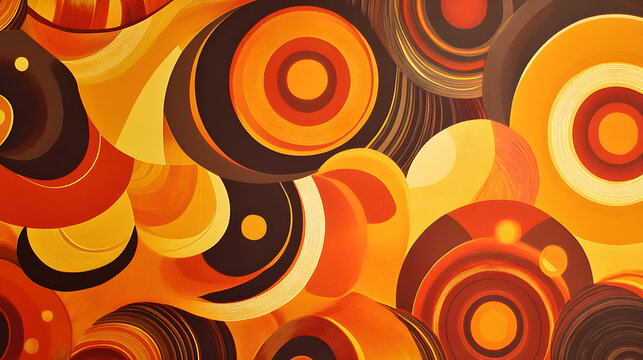 70s Retro Wallpaper with Bold Psychedelic Patterns in Warm Orange, Brown, and Yellow Shades. Vintage Design