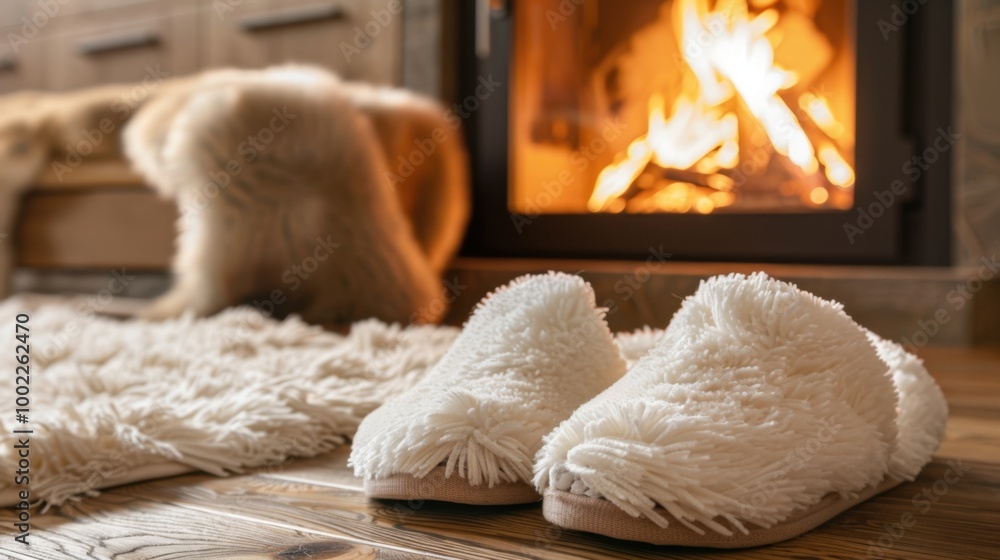 Canvas Prints Cozy Slippers on Wooden Floor by a Fire