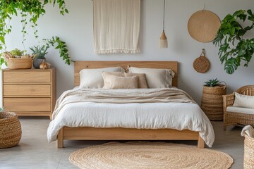 A cozy, minimalistic bedroom with natural decor and plants for a serene atmosphere.